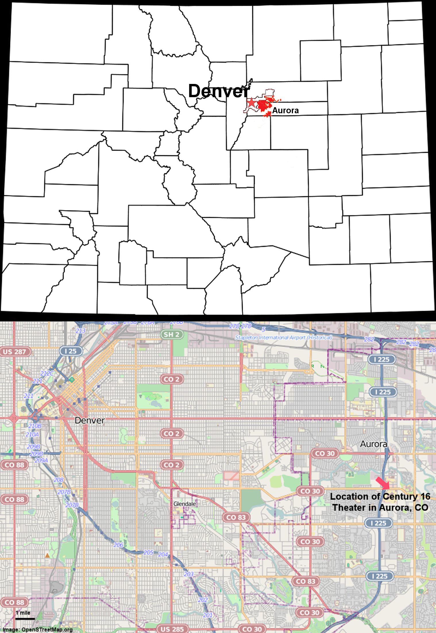 Location of 2012 Aurora, CO Shooting Relative to Denver, CO