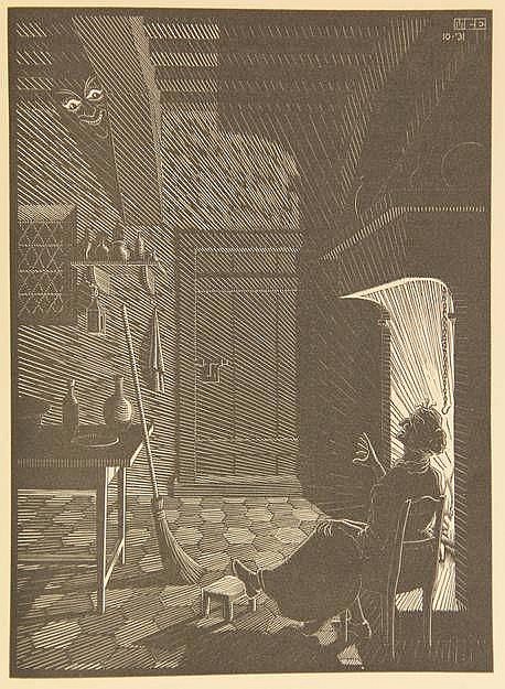 An Escher engraving showing a person seated by a fire in a shadowy room. A face on the ceiling looms from the shadows