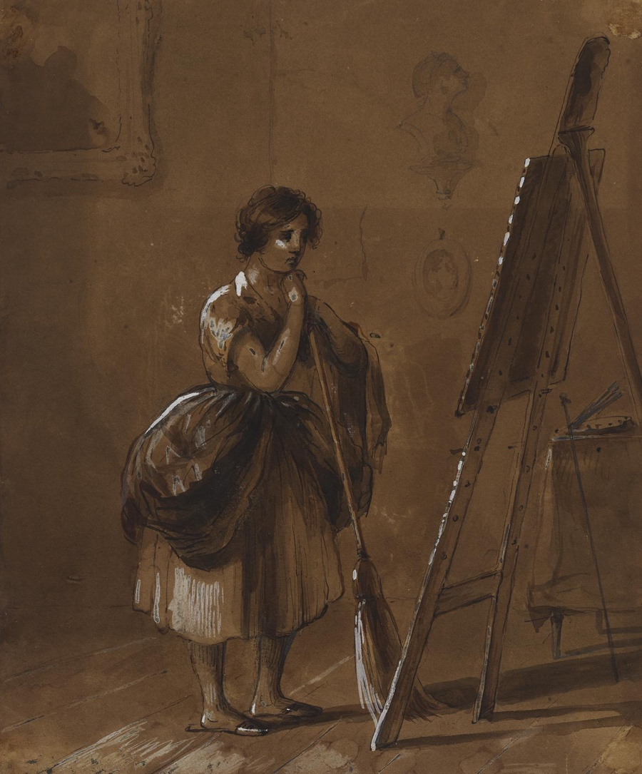 A sepia-toned illustration of a woman leaning on a broom and looking at an artwork on an easel. There are other paintings and drawings on the wall and a table with artists' palette and brushes behind her.