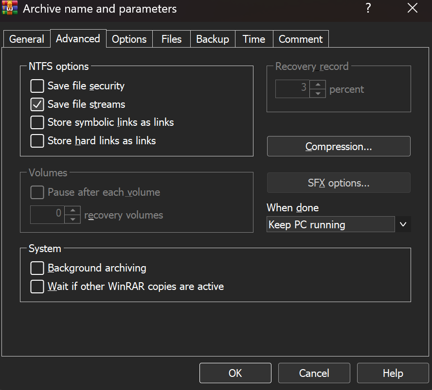 WinRAR save streams