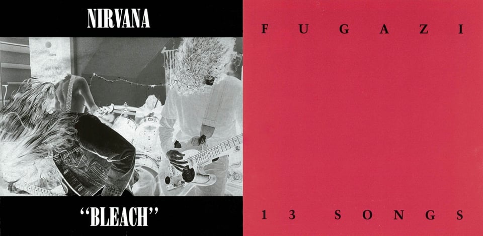 First pic: A black and white negative (creep) image of Nirvana playing (three guitarists and one drummer) all of them banging their heads and making their hair whip around. Second pic: A red background. At the top in black reads "FUGAZI" and along the bottom in the same font "13 SONGS."