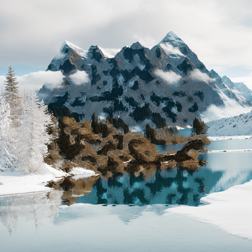 snowy mountains and a lake