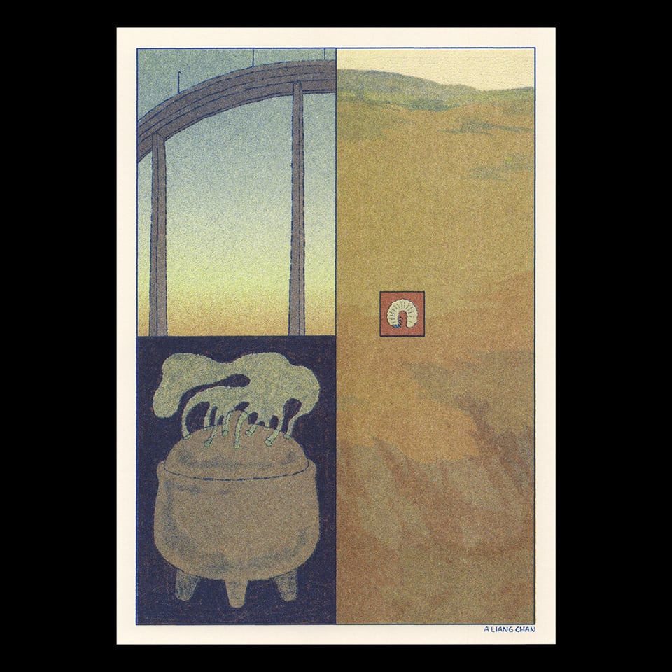 a riso print divided into 3 panels: on the left, an elevated concrete roadway arcs across a sky fading into orange; smoke pours from holes in a three-legged incense holder. in the right half, yellow-brown fields stretch into erosion, and a small inset panel features a grub.