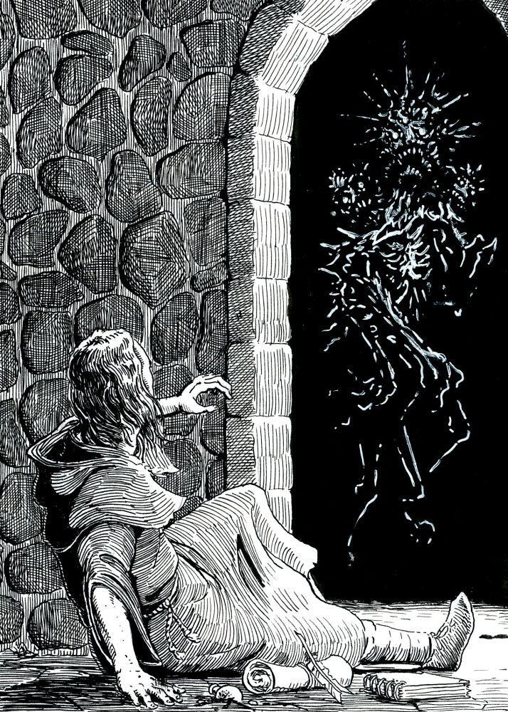 Pen and ink illustration depicting a darkened doorway in a stone wall. A robed scholar scrambles away from the doorway in a panic, having dropped his writing implements, as a monstrous, glowing apparition manifests in the darkness beyond. At first glance, it appears vaguely humanoid, but has the suggestion of three heads, many mouths, and an indeterminate number of limbs.