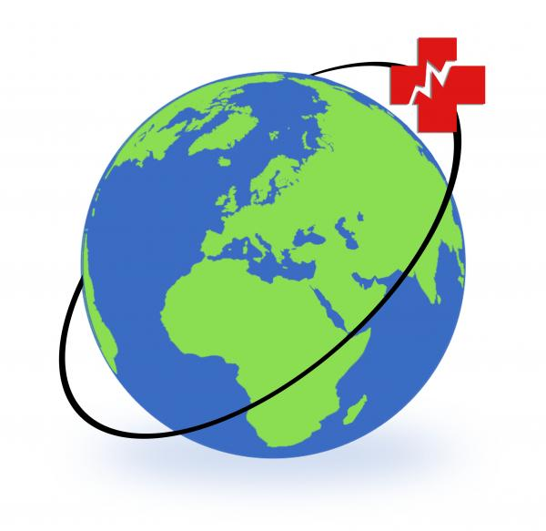 The Earth, centered on Europe and Africa, surrounded by a thin black ring. A red medical cross has been placed on the thin black ring, as if orbiting the Earth, with a fracture running through it.