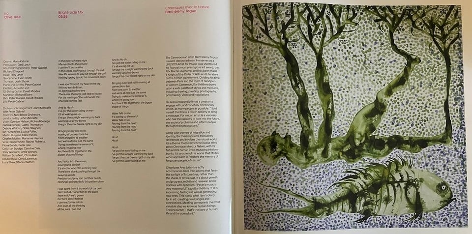 The spread for the "Bright Side" mix of "Olive Tree" including Barthélémy Toguo's composition "Chroniques avec la Nature"