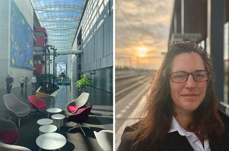 Two photos side by side. Left photo shows the inside of a large open hall with a skylight roof. The right side photo shows a woman wearing glasses standing on a train platform with the morning sunrise behind her.