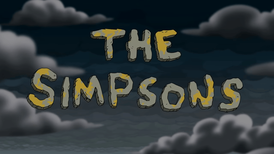 The intro title for The Simpsons, with the letters rendered in stone. The normally blue, cloudy sky is filled with stormclouds.