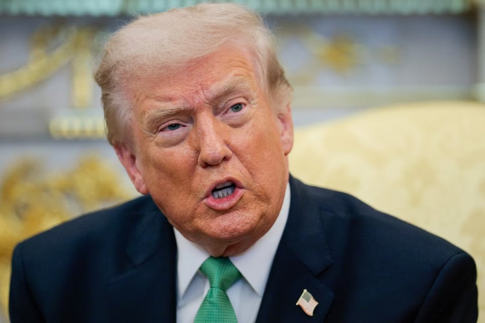 President Donald Trump speaks as he meets with Irish Taoiseach Micheal Martin at the White House in Washington, March 17, 2026.