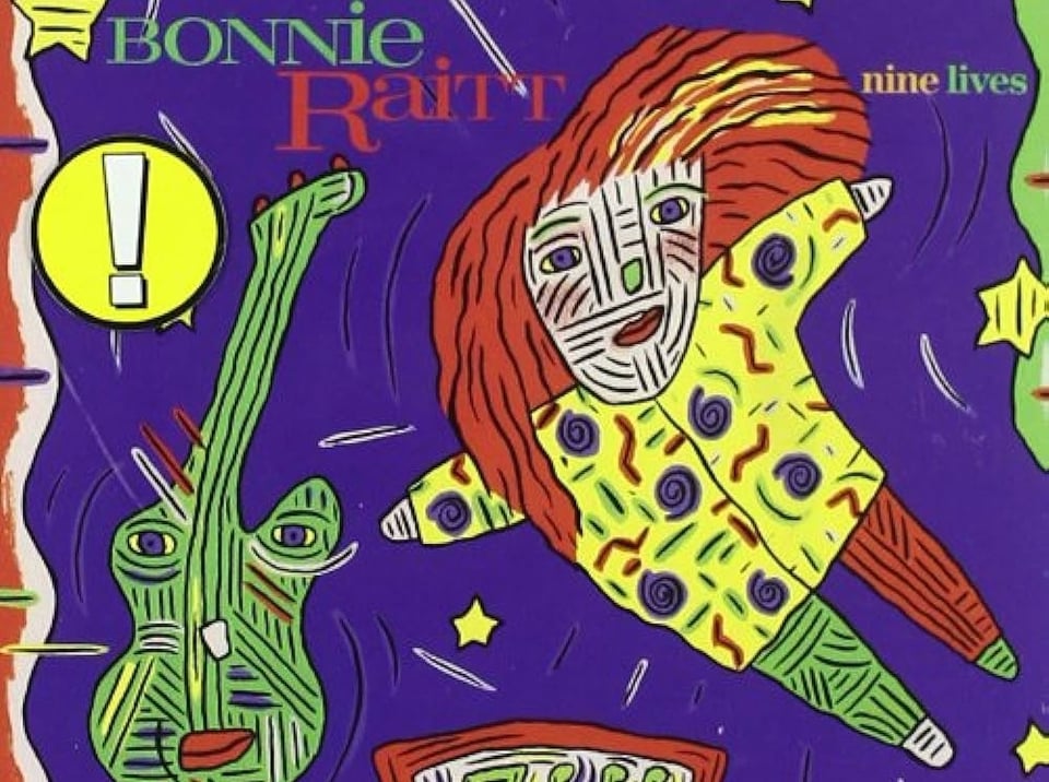 The cover of Bonnie Raitt's 1986 album Nine Lives, showing a vaguely Keith Haring (??) influenced doodle of Raitt and a guitar with a human face. I really hate this album cover, and it feels like something that comes from a record label that's no longer even trying to promote an artist.