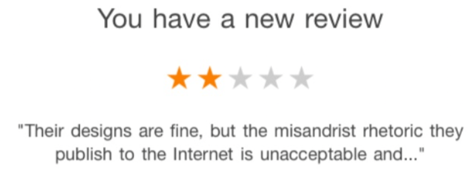You have a new review. [Two stars] "Their designs are fine, but that misandrist rhetoric they publish to the Internet is unacceptable and…"