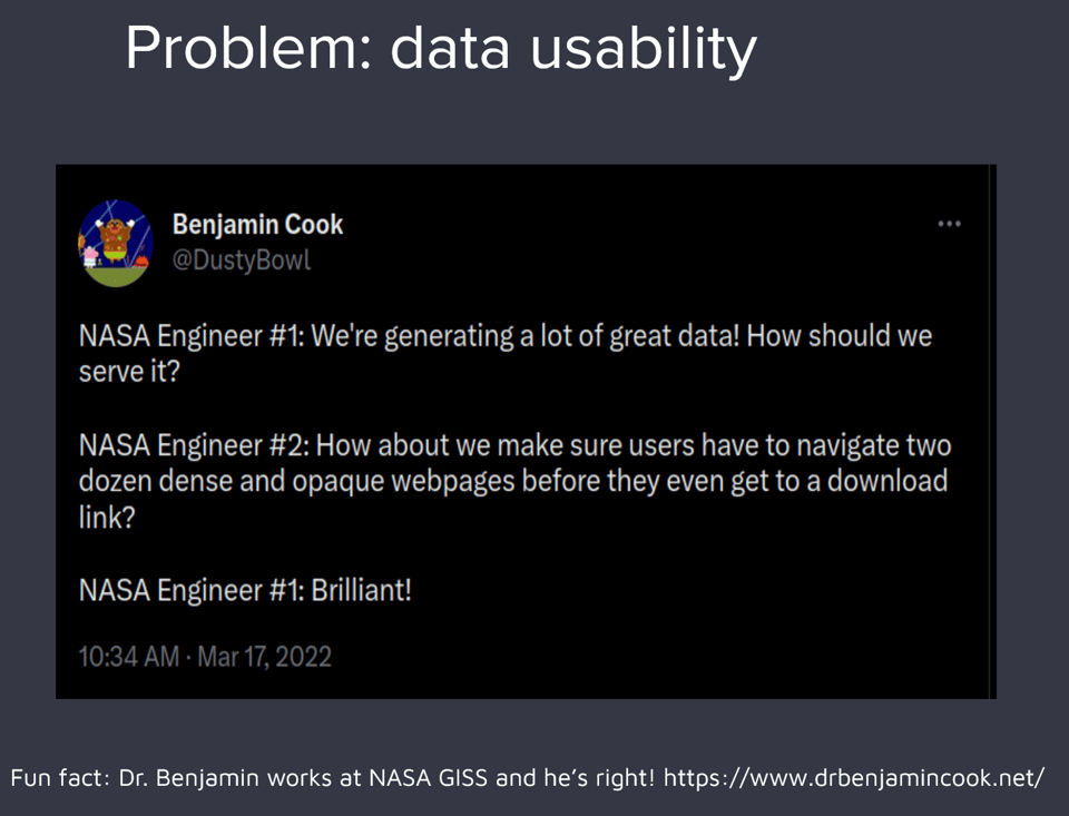 Tweet joking about the overall difficulty of accessing data from NASA website