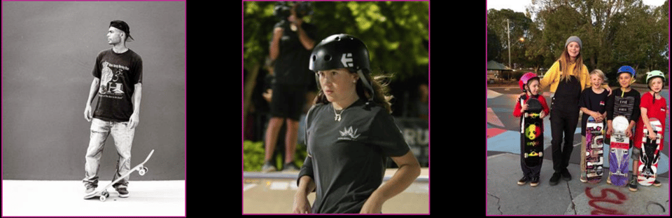 Three photos from the Rumble's promotion material. The first is a young man standing with a skateboard, the second a young woman wearing a helmet, and the third a young woman standing with four kids holding skateboards.