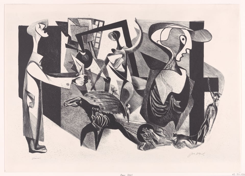 Vision by Joseph Vogel is a surrealist work in black and white (graphite?) with a man standing at left, pointing at other figures whose shapes are distorted, including a horse with skeleton and noosed body to the right