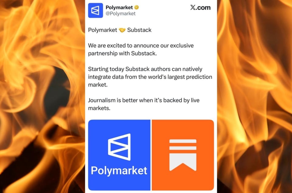 a tweet announcing the Polymarket-Substack partnership with fire in the background