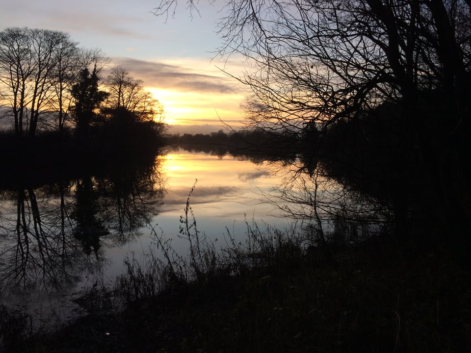 a bend in the river Forth at Stirling, at nightfall. Bare trees line the riverbanks on both sides. The sunset light is reflected in the water.
