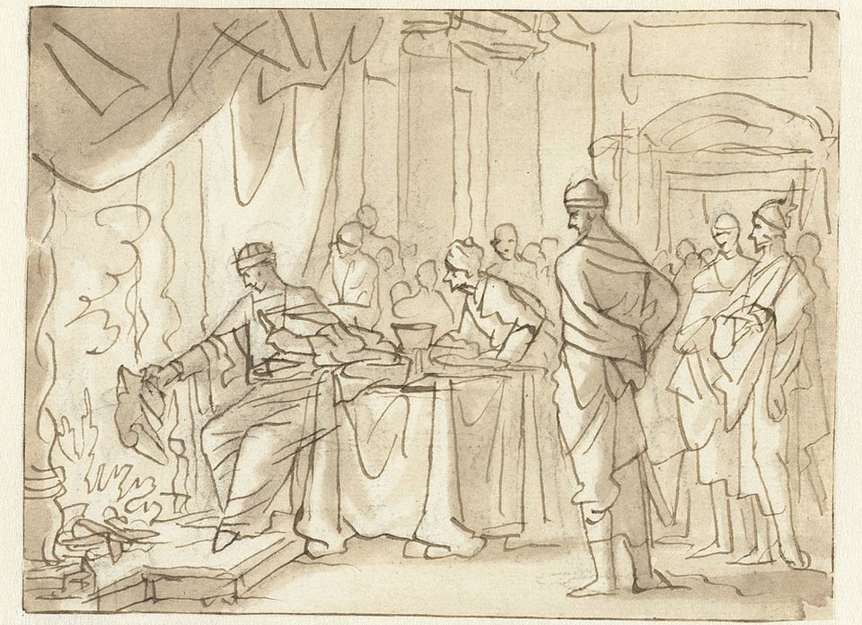 A pencil drawing of some kind of king, burning a scroll in a fireplace while a room full of aides look on.