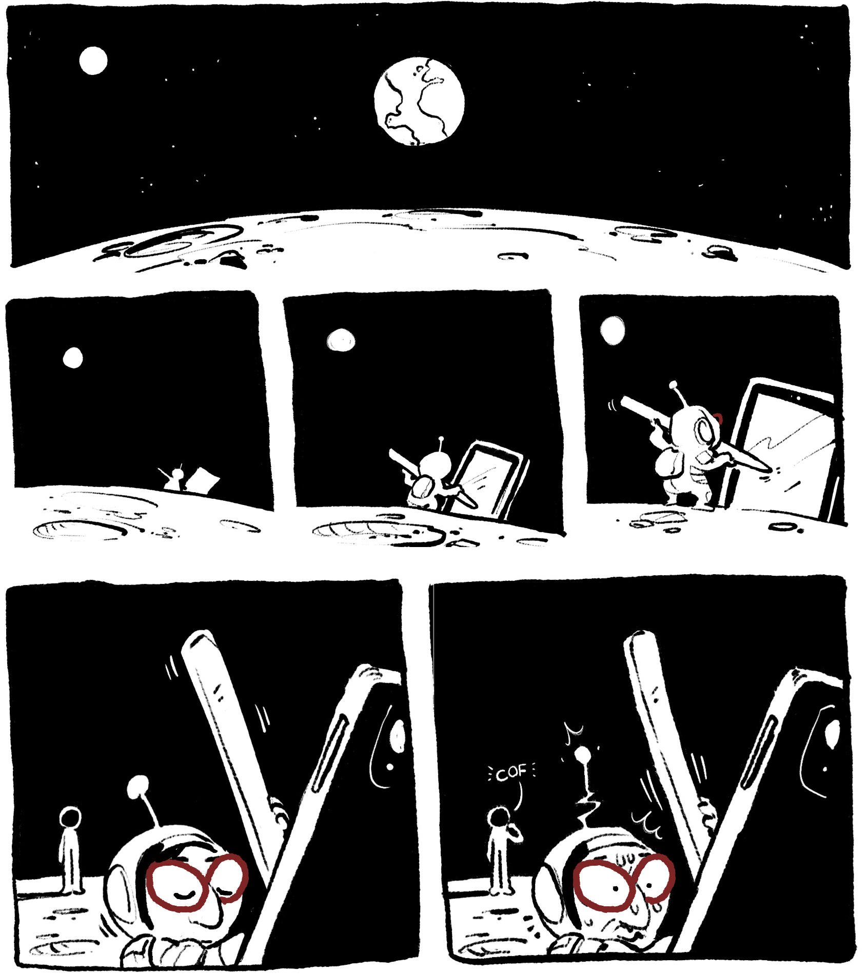 A short black an white comic, starts off with a view of earth from a lonely planet riddled with craters. The viewer walks along the horizon seeing a figure in the distances, holding a large stylus in front of a glowing tablet. As the view approaches, the figure notices they are being watched. We reveal the figure is Josue. Josue is distressed at your presence.