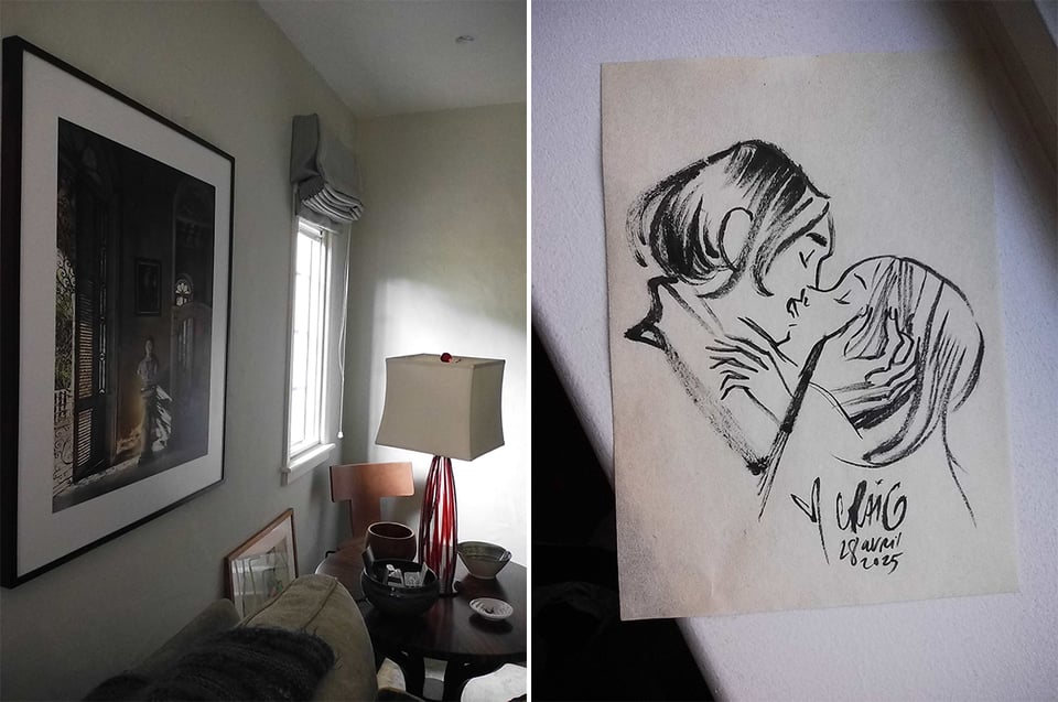 Two digital Instax images; left a living room with light coming in from a window, a lamp on an end table, and a beautiful photograph framed on the wall; right a quick brush-sketch by Craig Thompson of a man & woman kissing