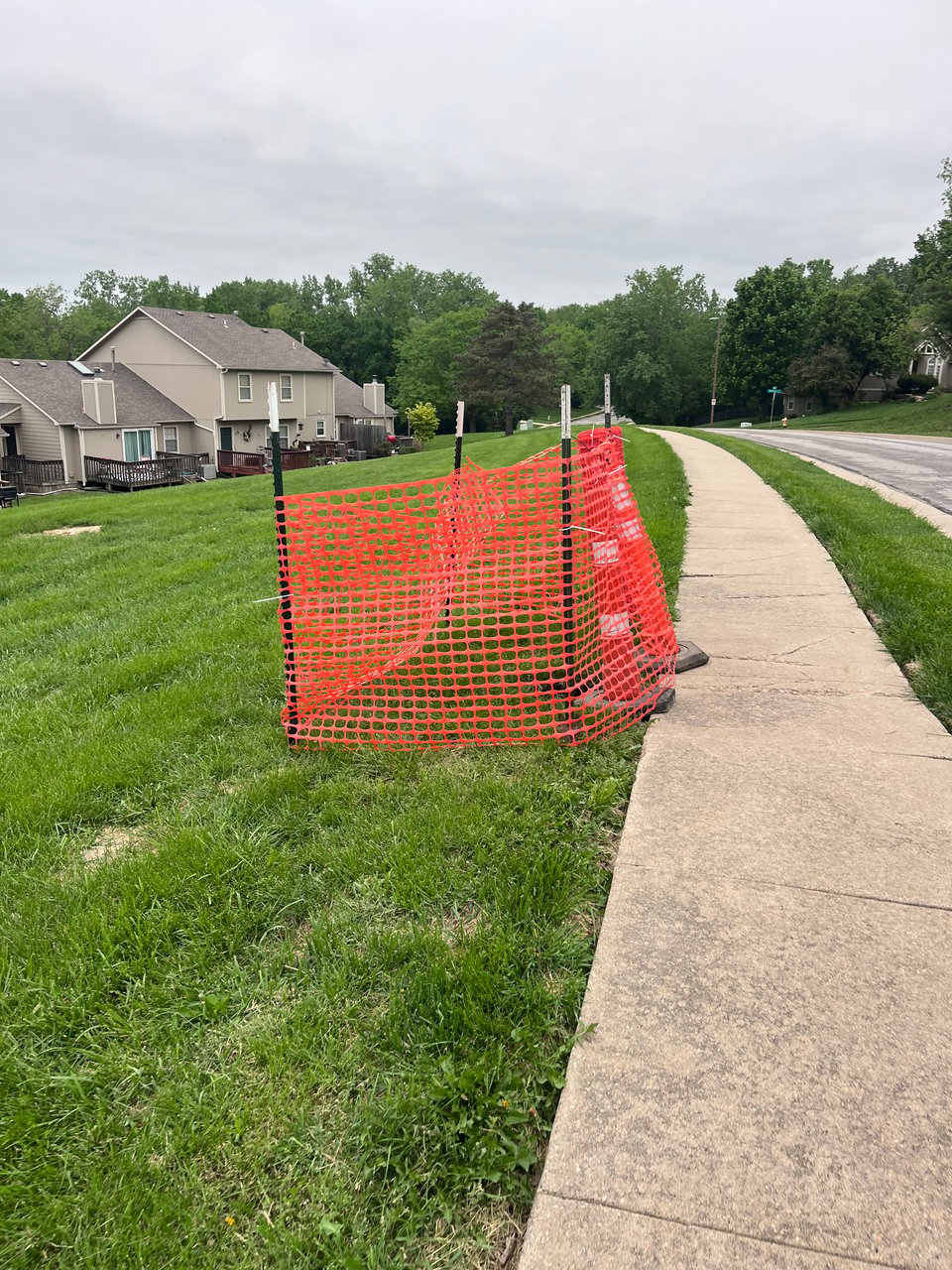 bright orange safety netting and traffic cones surrounding a hole in the ground, surrounded by green grass and a sidewalk in the foreground-right. In the distance some taupe colored duplexes with decks, and a small forest