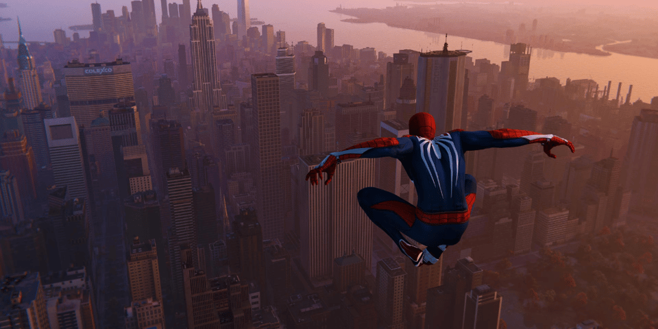 Spider-man jumps around New York.