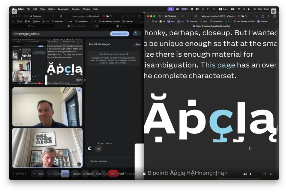 Erik showing his approach to diacritics for Action Grotesque