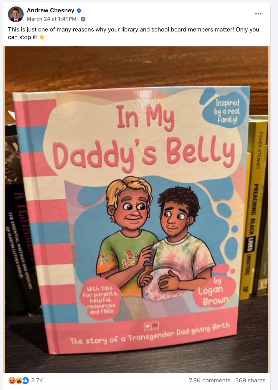 Facebook post from local politician with an image of the book "in my daddy's belly," meant to suggest it was inappropriate for books about trans people to exist and/or exist in libraries.