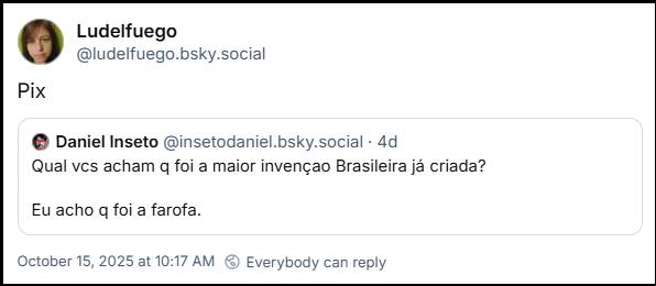 Post de Ludelfuego (‪@ludelfuego.bsky.social‬) citando o post do Daniel e dizendo: Pix