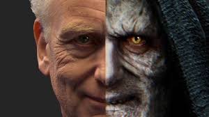 A split image with Senator Palpatine on the left and Emperor Palpatine on the right.