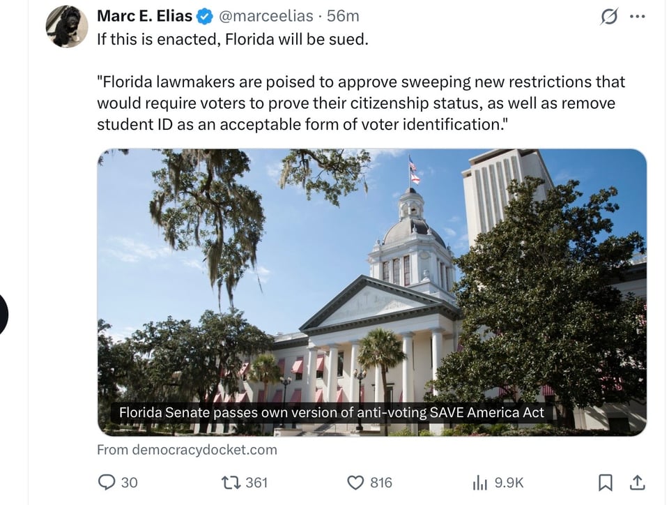 The Fascistic Governor of Florida is trying a mini-Save Act. He will face opposition.