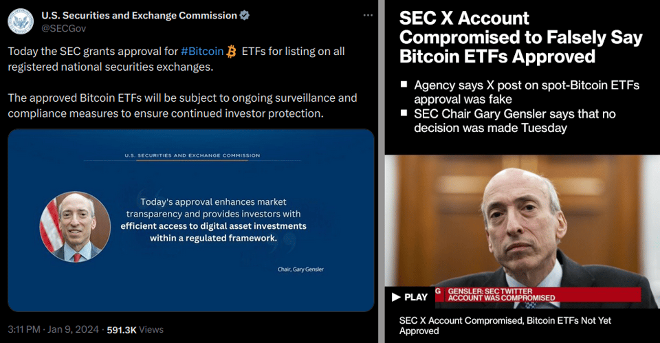 On the left: a screencap of a (faked!) tweet, from the SEC website, declaring that Bitcoin ETFs have been approved. On the right: a screencap of a Bloomberg article headline declaring that the aforementioned tweet was fake.
