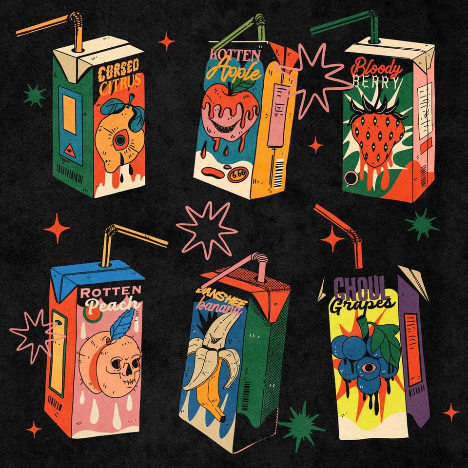 An illustration of six juice boxes with haunted flavors like "Bloody Berry" and "Rotten Apple"