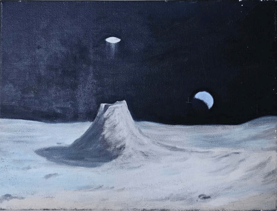 a haunting painting of the surface of the moon, featuring a flying saucer hovering over a crater