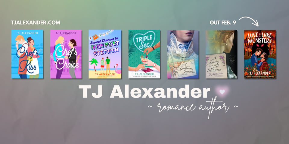 Banner for TJ Alexander, romance author. A montage of all my book covers.