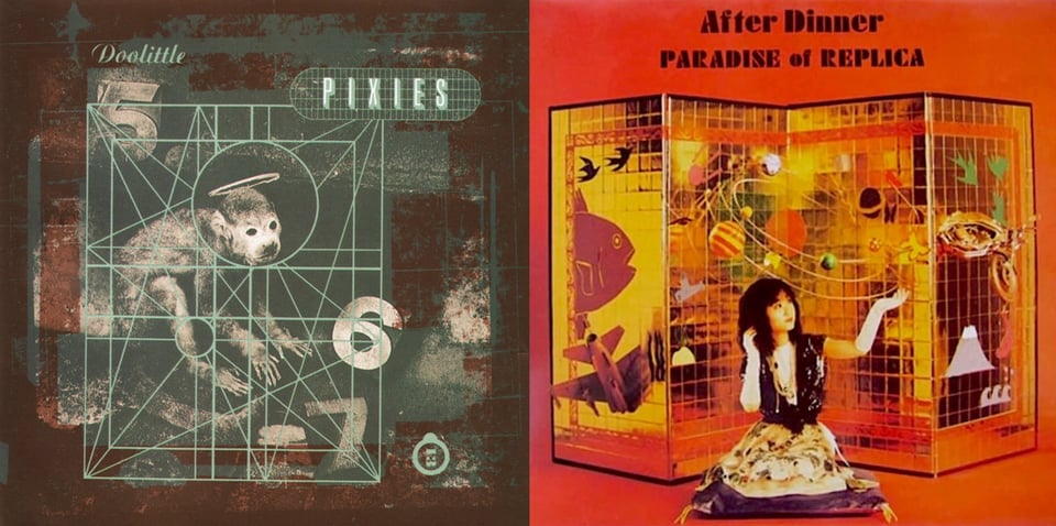 First picture: On a brown background is a monotone photo of a small monkey. The monkey has a halo and is surrounded by three numbers: 5,6 and 7. The picture of the monkey has a green outline of a box around it, and within that box are green lines that make a bunch of connected shapes: squares, rectangles, circles, triangles, stars, trapezoids. etc. Second picture: A woman of Asian descent, kneels on a purple pillow. She wears a floral skirt, what looks like a sequined vest, and long white gloves. She looks up to the right, with her hand extended as if offering something, but there is nothing in her hand. Behind her is one of those folding panel-things that you dress behind, sorry can't think of what they're called. It is covered in reflective gold tile, and there are lots of pictures cut out and place on it: a red fish, part of military fighter jet, some black birds, some green birds, a model of the solar system, a volcano (possilby Mount Fuji). This all on a bright orange background.