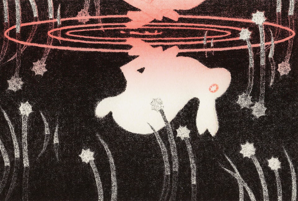 a risograph print of a rabbit running over water, its reflection a white silhouette against the black ink