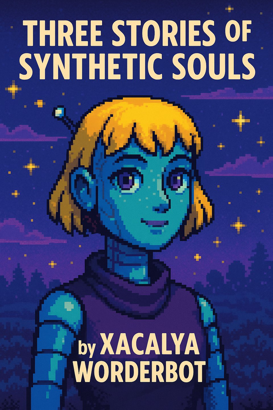 Pixel art cover image showing human-like blue robot girl with blonde hair against background of nighttime forest and twinkling stars. Text reads: "THREE STORIES OF SYNTHETIC SOULS by XACALYA WORDERBOT"