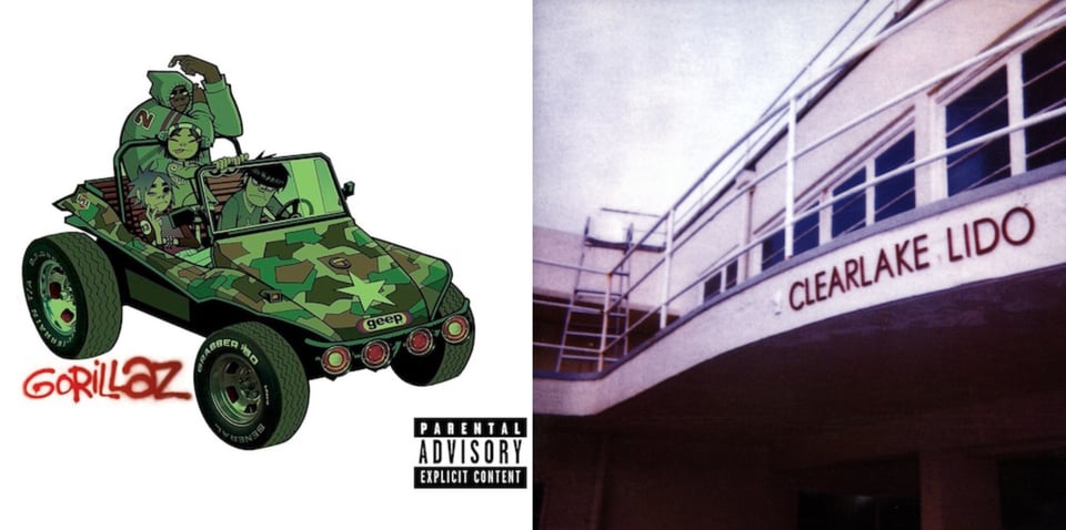 First pic: A cartoon drawing of the band Gorillaz, in a dune buggy, everything tinted green. The dune buggy has a camouflage pattern on it. Second pic: A color photograph of the outside of a building that has deck on the second floor in front of a line of windows. Underneath the deck, the open area extends back into shadow, below the rooms on the second floor with the windows.