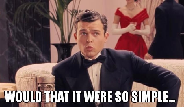 Still from HAIL CAESER, Hobie sitting on a divan saying “Would that it were so simple…”