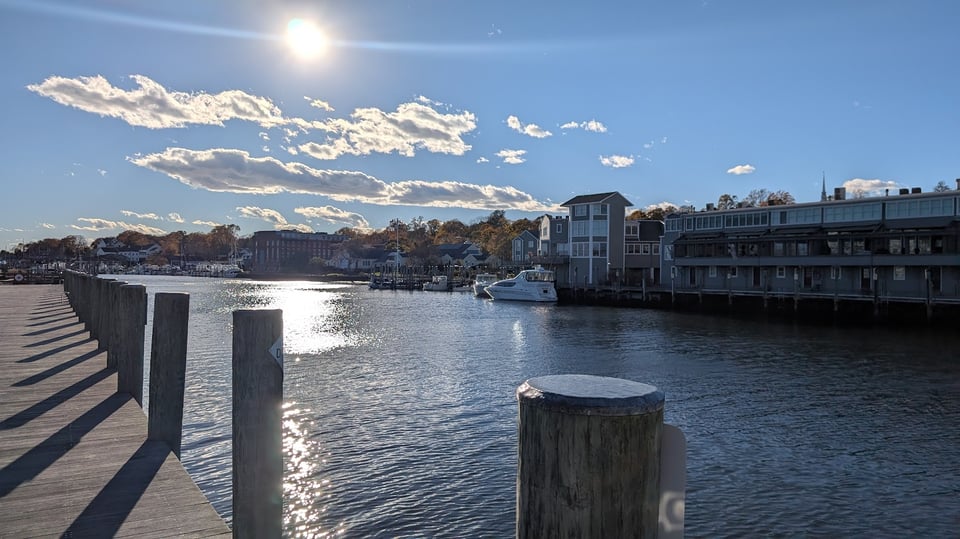 A beautiful sunny day in Mystic, overlooking the water near the drawbridge