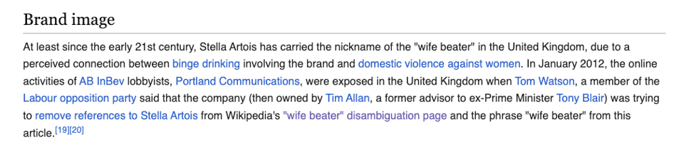 Screenshot from the Brand Image section of the Stella Artois Wikipedia page. The text reads, 'Brand image. At least since the early 21st century, Stella Artois has carried the nickname of the