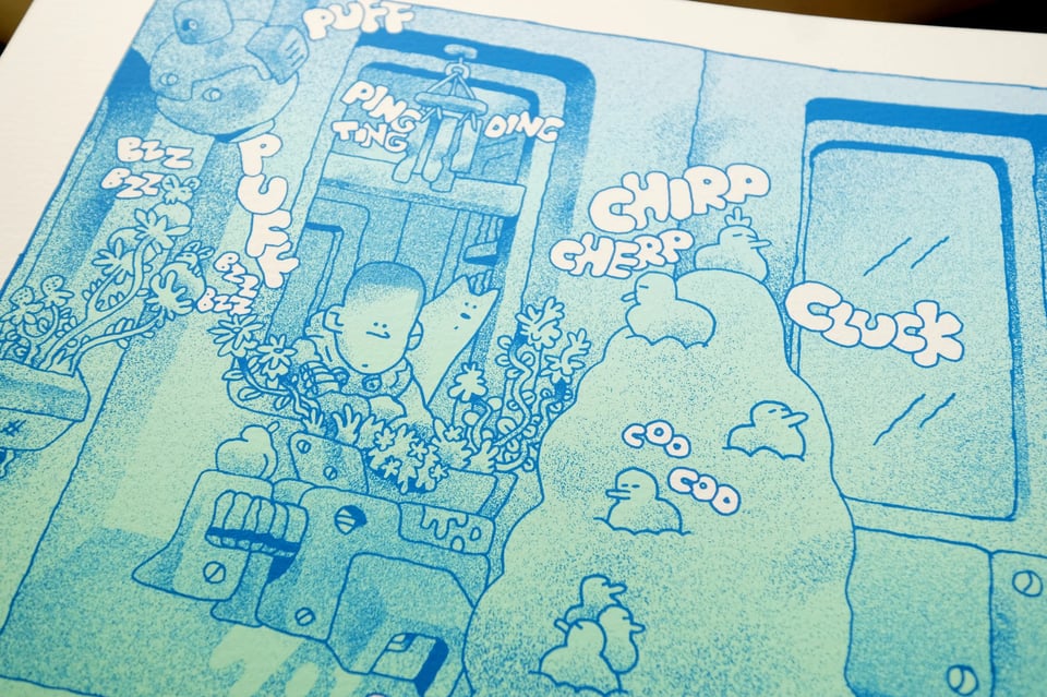 detail of the previous image. A person and his cat are observing the noise from their apartment window.