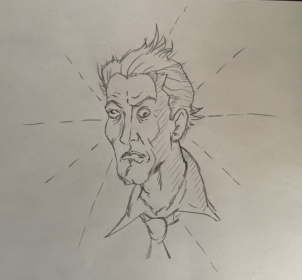 A pencil sketch of a stressed man with lines running through his head