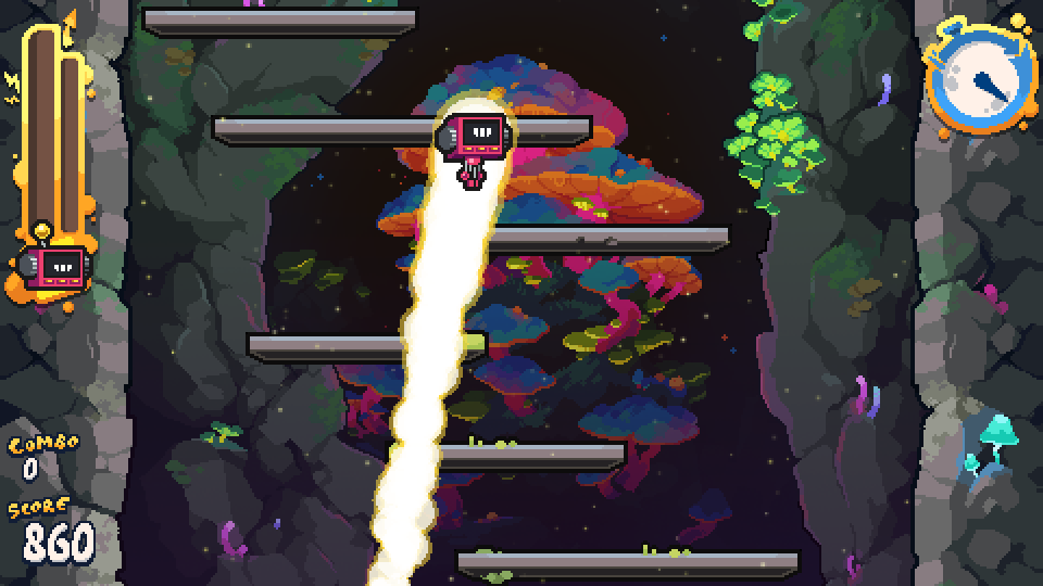 The robot character is launching back into the game using the kickback mechanic.