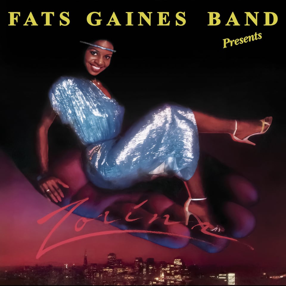 The cover of Fats Gaines Band Presents Zorina, featuring a woman in a silver dress and strappy shoes floating over a cityscape. She's smiling and kicking up her heels.