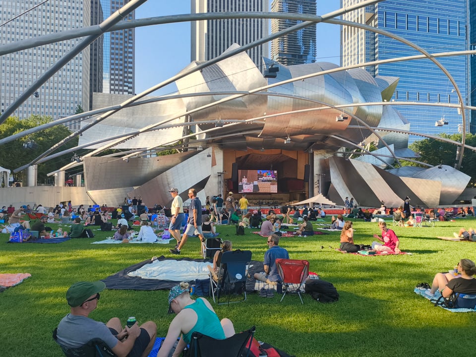 A view of Pritzker Pavilion. Lovely way to experience live music in Chicago during the summer.