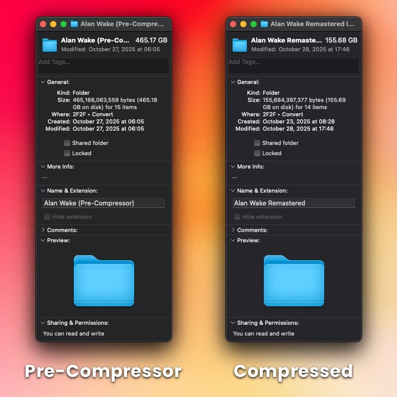 A side-by-side screenshot of folder info on macOS. One folder of footage is 465.17GB in size before compression. Afterward, the size became 155.68GB.