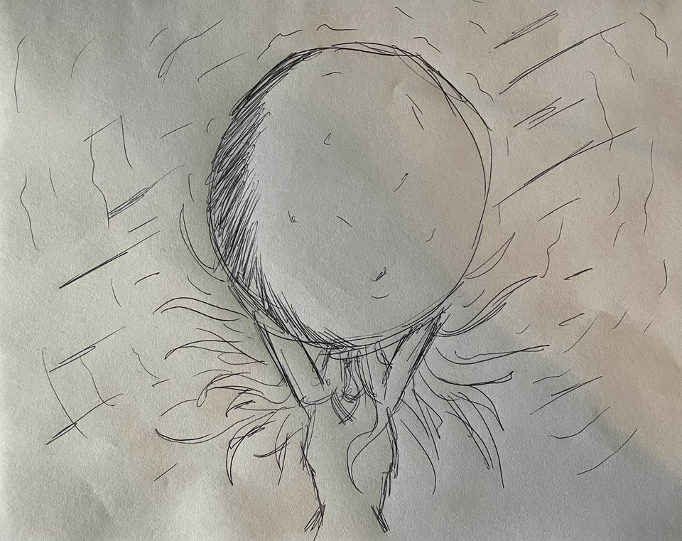 A rough sketch of a large moon being held aloft by a figure with billowing hair and waves of energy