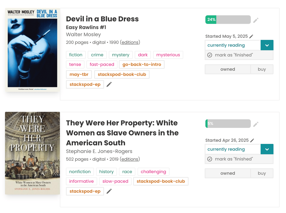 This screenshot shows two "currently reading" books on the StoryGraph platform: Top Book: Devil in a Blue Dress by Walter Mosley (Easy Rawlins #1) 200 pages, digital, first published in 1990. Tags: fiction, crime, mystery, dark, mysterious, tense, fast-paced, go-back-to-intro, may-tbr, stackspod-book-club, stackspod-ep. Reading progress: 24% Started on May 5, 2025. The "currently reading" dropdown is selected, with options to mark as finished, owned, or buy. Bottom Book: They Were Her Property: White Women as Slave Owners in the American South by Stephanie E. Jones-Rogers 502 pages, digital, first published in 2019. Tags: nonfiction, history, race, challenging, informative, slow-paced, stackspod-book-club, stackspod-ep. Reading progress: 5% Started on April 26, 2025. Same controls for reading status, finished checkbox, and owned/buy buttons. Both books are visually represented with their cover images on the left and have a clear, organized reading tracking interface on the right.