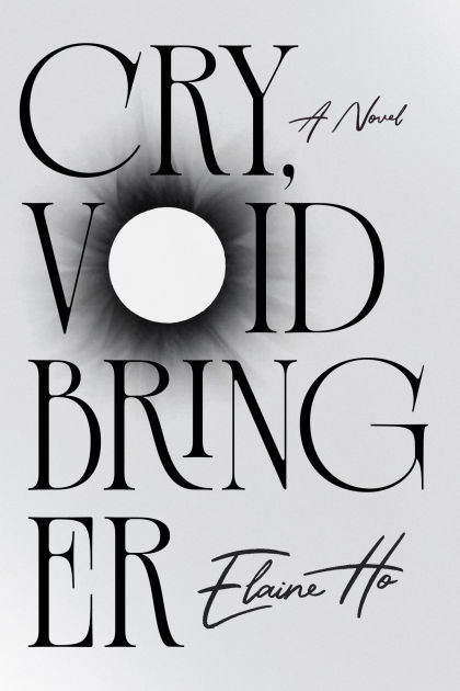 The cover of cry voidbringer which is mainly the title in a harsh but rounded font but the O in void is large and has black seeping out of it into the white background.